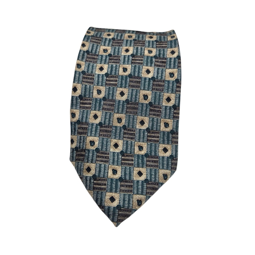 Meeting Street Mens Silk Tie Made in Italy Teal Tan Brown Geometric Square Print